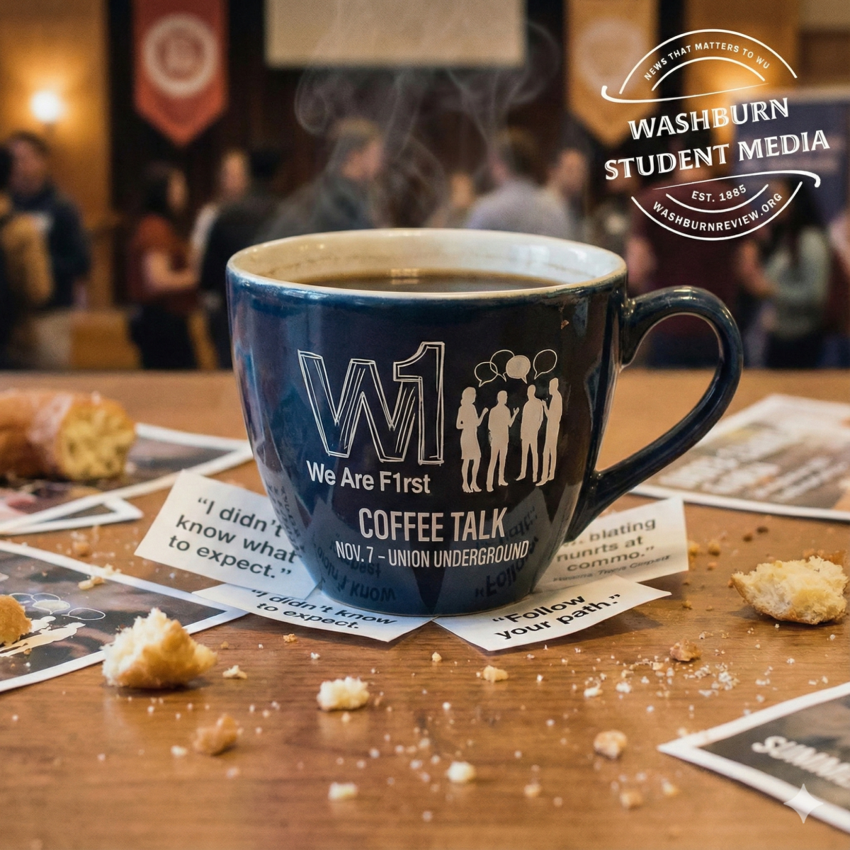 Coffee and donuts sit ready for students in the Union Underground. Washburn We Are F1rst held a Coffee Talk event on Nov. 7 during National First Generation Week.
