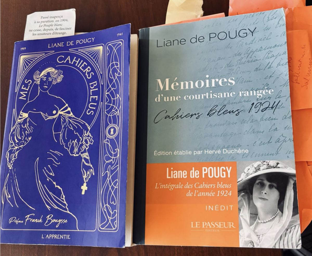 The photo shows two published editions of Liane de Pougy’s memoirs, “Cahiers Bleus,” which was discussed in the Gender Brown Bag session. The session, led by Courtney Sullivan, professor of modern languages, explained how Pougy’s diaries were altered, changing her original writings and reshaping her story.
