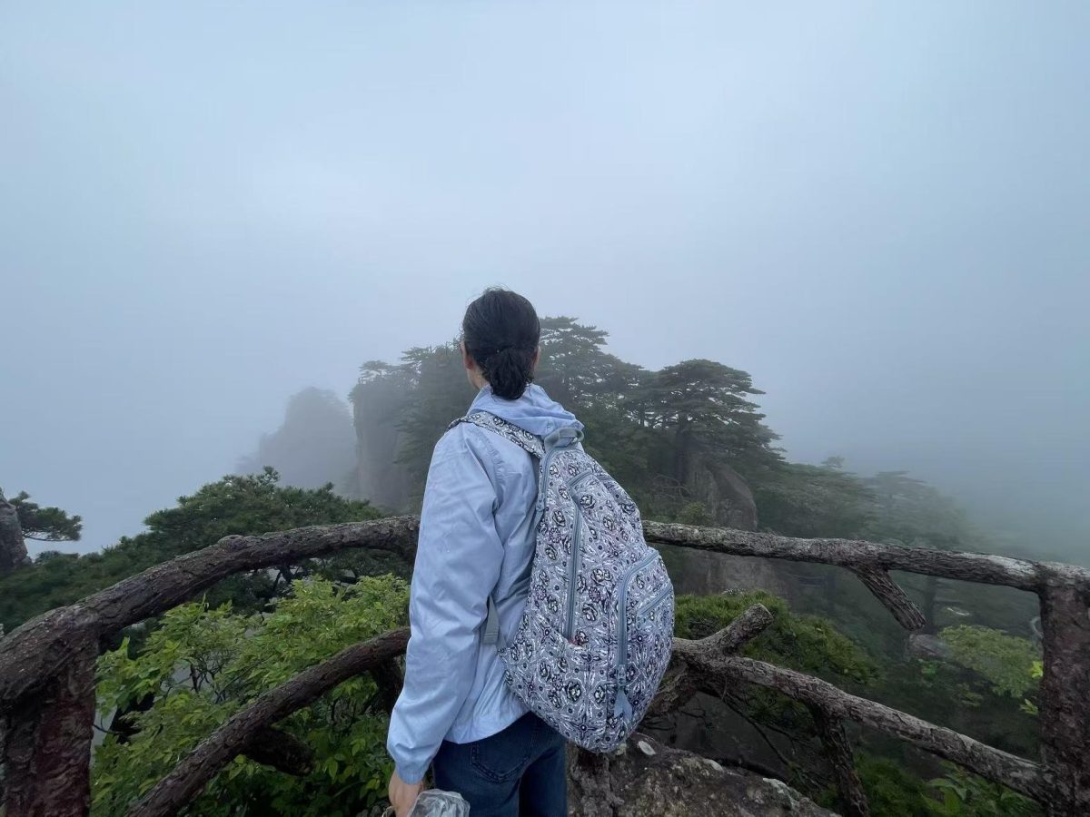 The photo highlights Nan Sun, professor and chair of computer information sciences, in the Yellow Mountain of China. Sun highlighted both visible and less visible dimensions of Chinese society in this presentation. (photo credit: Nan Sun)