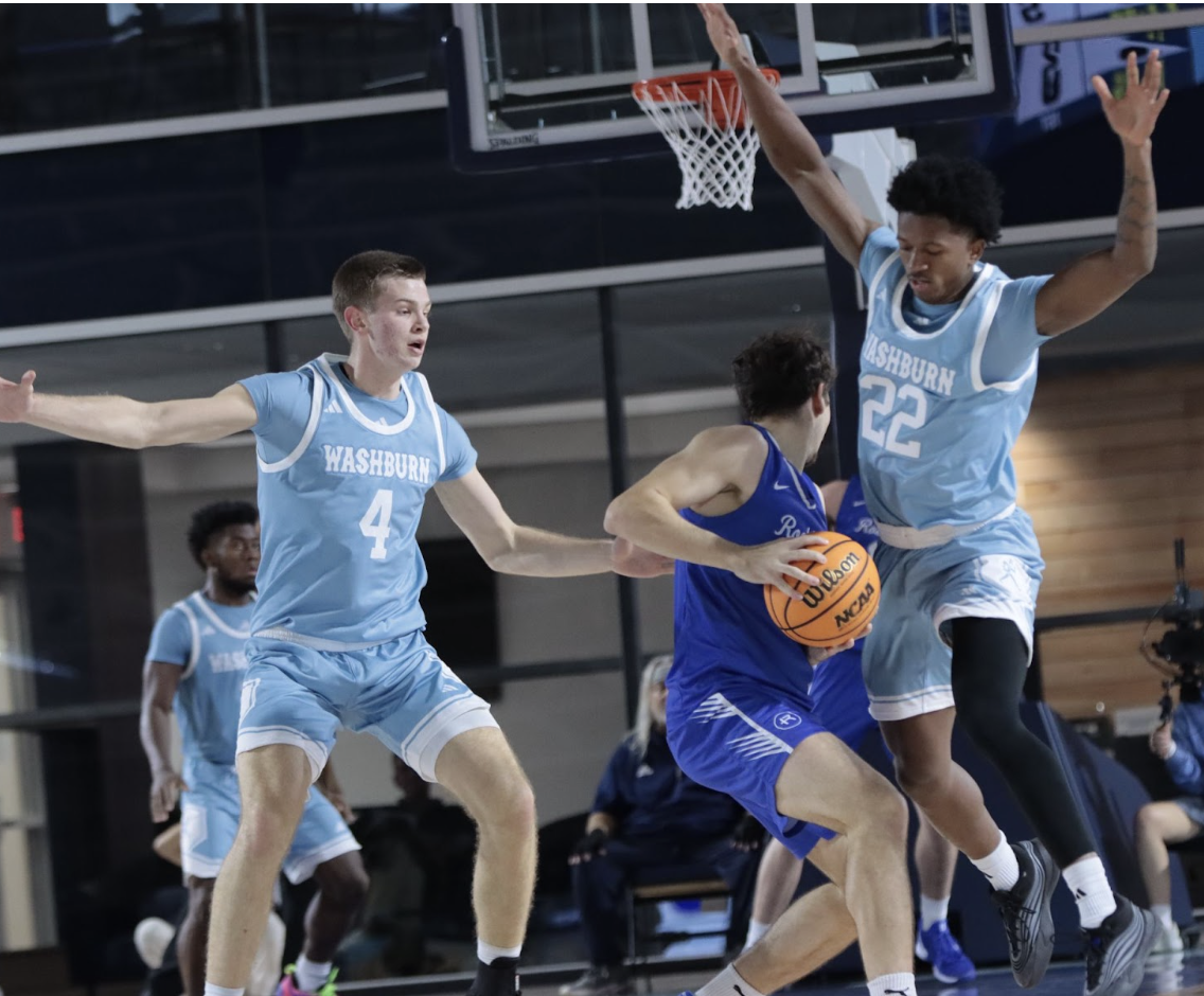 Sophomore forward Dillon Claussen (left) sets a career-high with 4 blocks while hitting two 3-pointers and 14 field goal attempts and junior guard Jeremiah Jones (right) secures 7 steals for the game on Dec. 13. Washburn closed Dec. unbeaten at 13-0, sweeping two top 5 teams in the Holiday Classic to claim No.1 in the NBAC Top 25. 