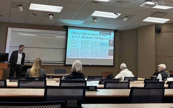 Dmitri Nizovtsev, professor of economics, speaks during a forum on U.S. intervention in Venezuela and its global impact. The panel examined the historical, economic, legal and political consequences of the intervention for Venezuela and the United States.