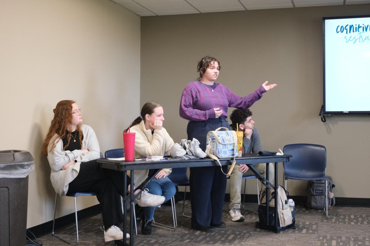 Washburn University psychology club members discuss how media consumption can affect one’s mental well-being during a panel discussion. The panel took place on Friday afternoon, March 13.