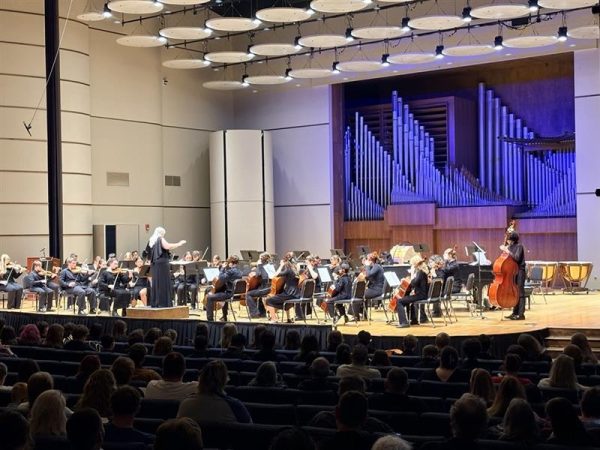 The Topeka Youth Symphony Orchestra performs at White Concert Hall during its Spring 2026 concert. The orchestra performed for a full audience, starting with “Alleluia” by Mozart.
