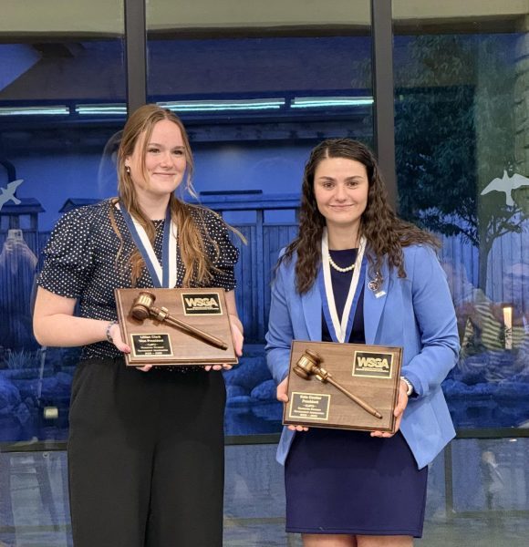 Kate Coulter (right), former president of WSGA and Clark (left), receive the administration award 2026 for serving as president and vice president. Coulter and Clark maintained ongoing communication while carrying out their responsibilities throughout the year.