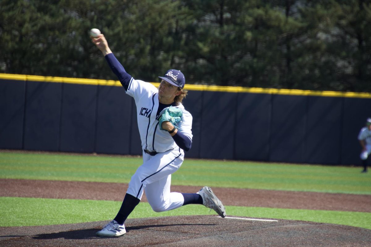 Senior right-handed pitcher Maclane Finley delivers a pitch to the plate. Finley pitched 6 innings, allowing 6 hits and 2 runs, both earned, while striking out 6 and 2 walks. 