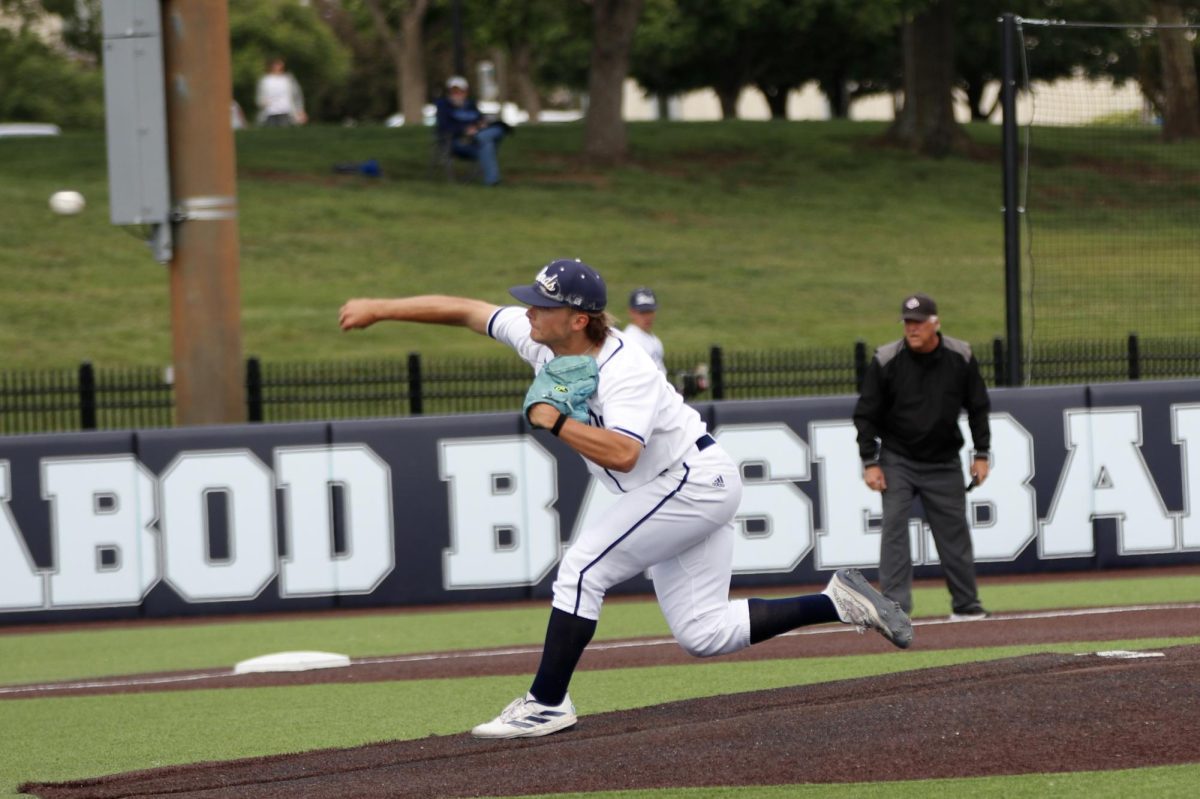 Senior right-handed pitcher Maclane Finley throws the ball. Finley had 8 bats throughout the whole game.